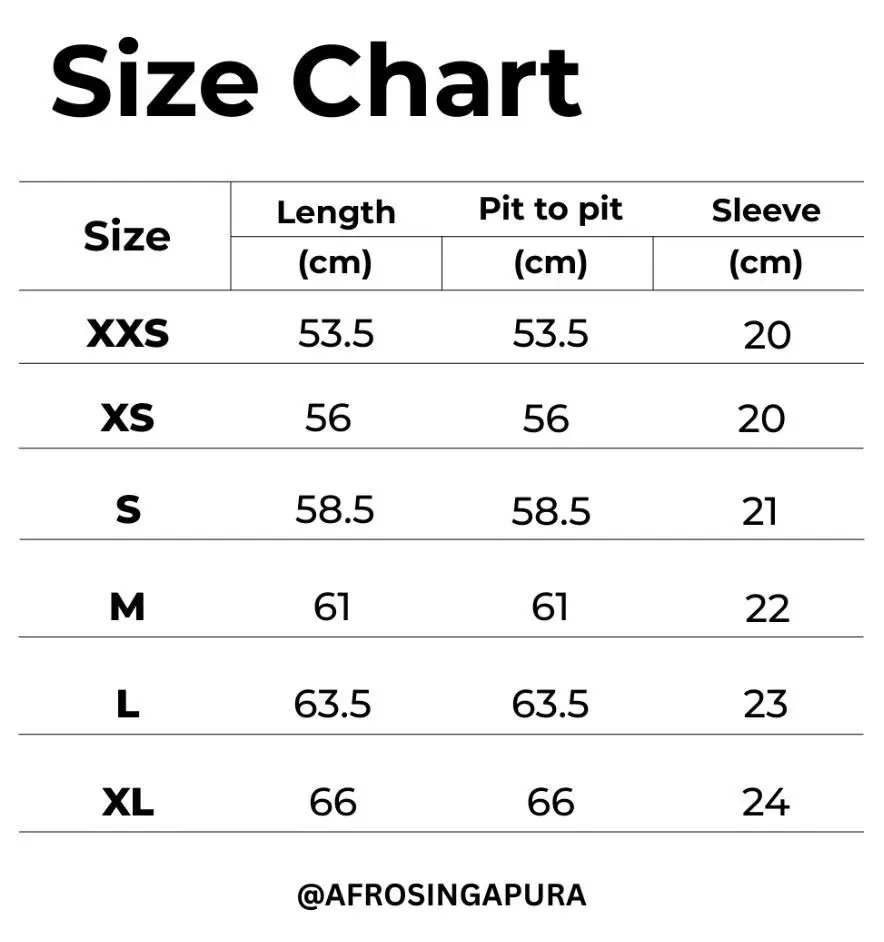 Size chart for the Afro SG exclusive tee: flat measurements in centimetres — length, pit to pit and sleeve — for sizes XXS through XL.