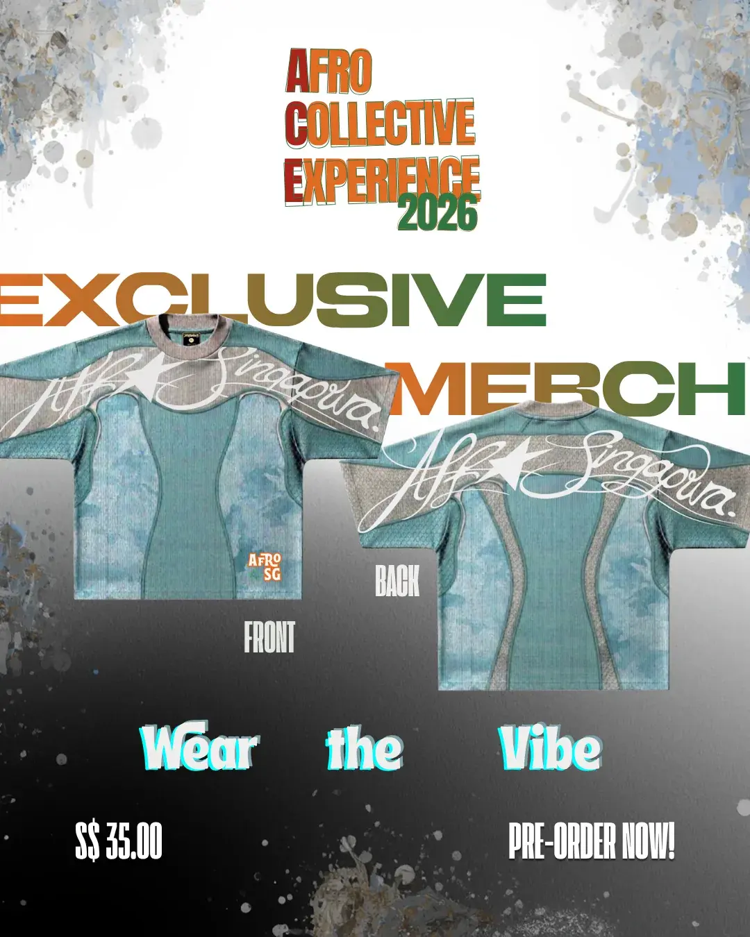 The Afro SG exclusive tee, front and back: a pale blue-green oversized tee with Afro Singapura script lettering across the shoulders and back, and a small orange AFRO SG mark on the chest.